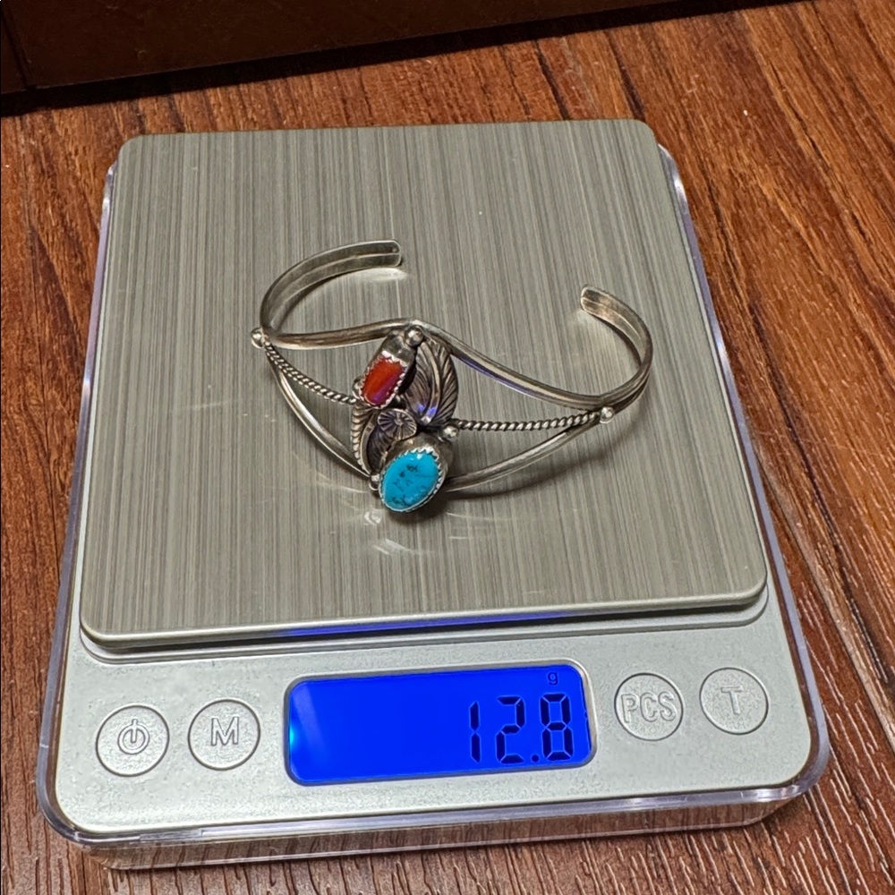 Jane Popovich Vintage Native American Sterling, Turquoise, Coral Cuff Bracelet - Picture 3 of 15